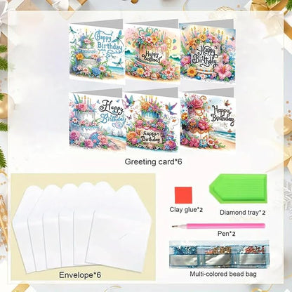 6PCS Diamond Art Painting Greeting Cards,Happy Birthday Cards with Envelopes,DIY Card Making Kits Thank You Card Arts Crafts for Birthday