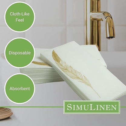 SimuLinen Decorative Gold Feather Design Paper Towels - Hand Towels for Bathroom - Cloth-Like, Linen-Feel for Guest Bathroom Essentials, Size: 12x17” (Pack of 100) Made in Germany