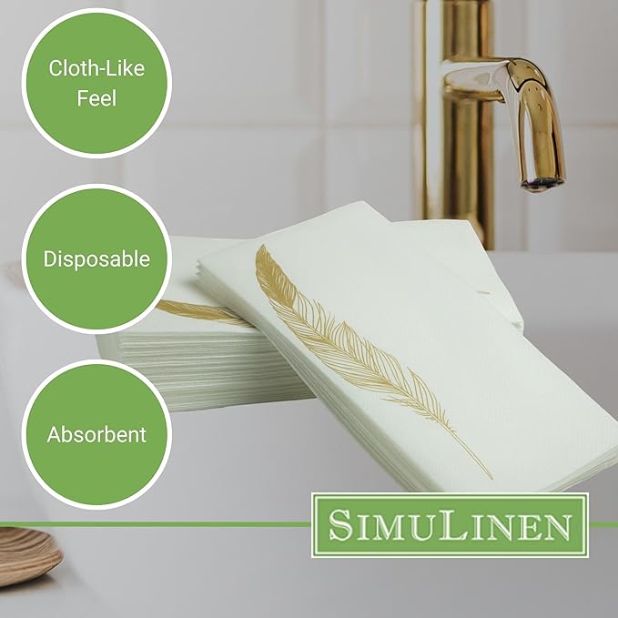 SimuLinen Decorative Gold Feather Design Paper Towels - Hand Towels for Bathroom - Cloth-Like, Linen-Feel for Guest Bathroom Essentials, Size: 12x17” (Pack of 300) Made in Germany