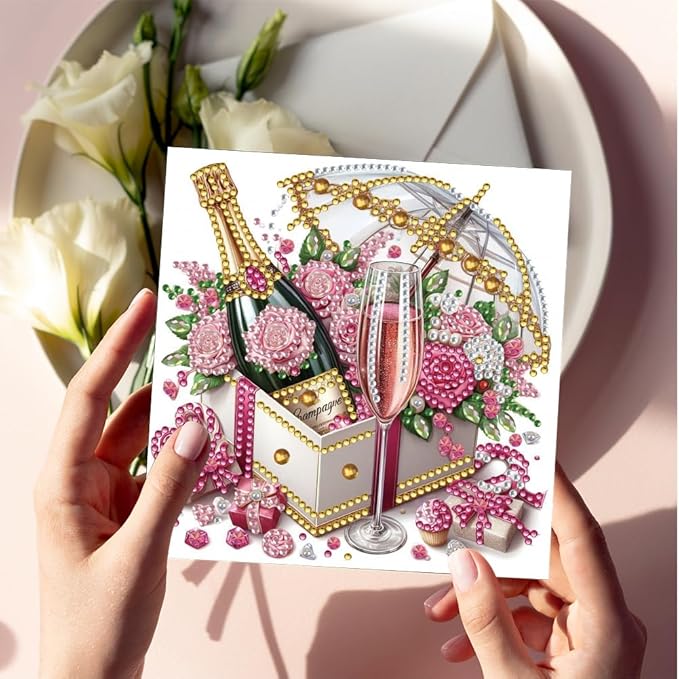 6pcs DIY Flowers Cake Diamond Art Painting Greeting Cards Kit, Rhinestone Art Holiday Birthday Card Set with Envelopes, DIY Festival Craft for Girlfriend, Christmas Valentine Gift Making Supplies