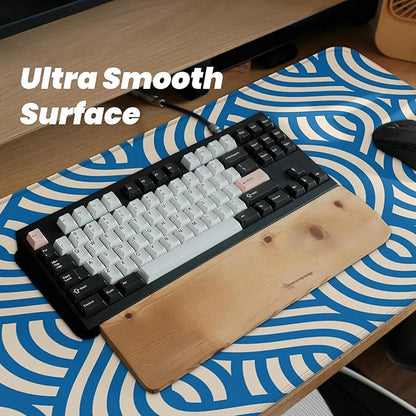 Large Computer Mouse Pad with Non-Slip Base for Desktop, Cute Gaming Mouse Mat with Stitched Edges, Long Extended Anime Mousepad for Laptop, 31.5 x 11.8 inches (Blue Wave Pattern)