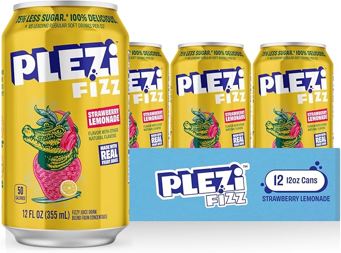 PLEZi FiZZ Sparkling Juice Drink Variety Pack – Orange Mango, Cherry Limeade & Strawberry Lemonade – No Added Sugar, Low Sugar Soda Alternative with Real Fruit Juice & Fiber – 12 Fl Oz (36 Pack Total)