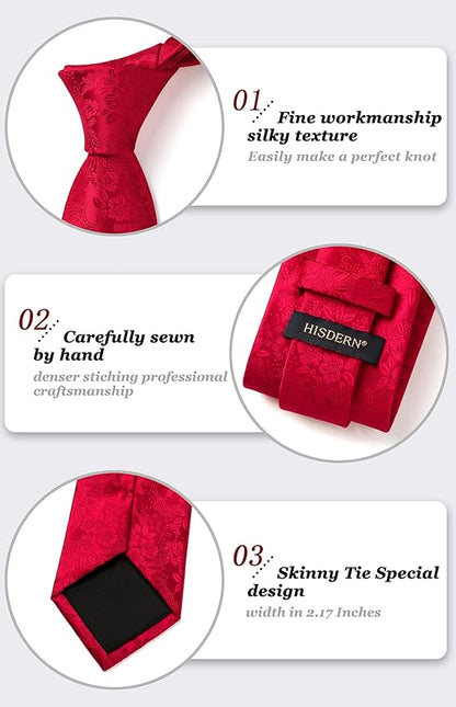HISDERN Men Floral Ties Woven Classic 3.4" Necktie Set Formal Tie Pocket Square for Wedding with Handkerchief Gift Box