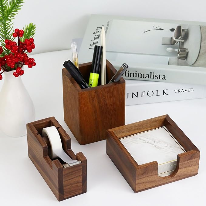 Natural Organizer Set of 3, Wooden Walnut Sticky Notes Holder Tape Dispenser Cutter and Pen Pencil Cup Holder for Women Office Home School