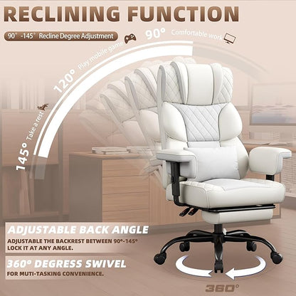 Vonesse Big and Tall Office Chair, Computer Chair with Soft Adjustable Armrests, Ergonomic Gaming Chair with Lumbar Support, Executive Chairs with Footrest (PU Leather + Mesh Fabric,Ivory White)