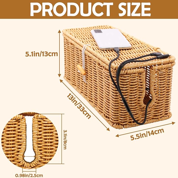 Cable Management Box, Handmade Imitation Rattan Cord Cable Organizer, Open Slots Cords Hider Box, Under Desk Cord Organizer for Computer Router USB Hub & Power Strip