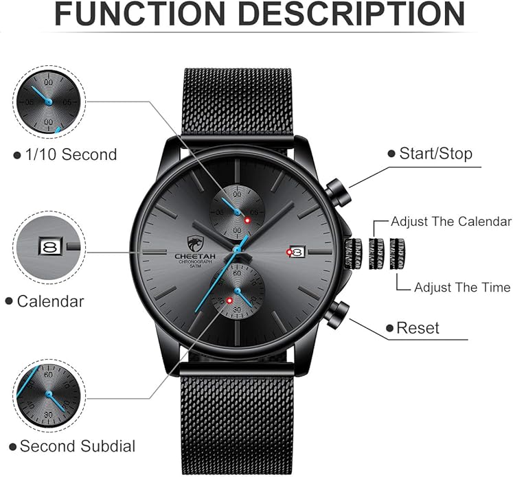 GOLDEN HOUR Mens Watch Fashion Sleek Minimalist Quartz Analog Mesh Stainless Steel Waterproof Chronograph Watches for Men with Auto Date
