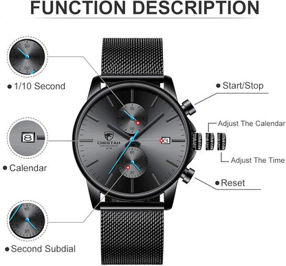 GOLDEN HOUR Mens Watch Fashion Sleek Minimalist Quartz Analog Mesh Stainless Steel Waterproof Chronograph Watches for Men with Auto Date