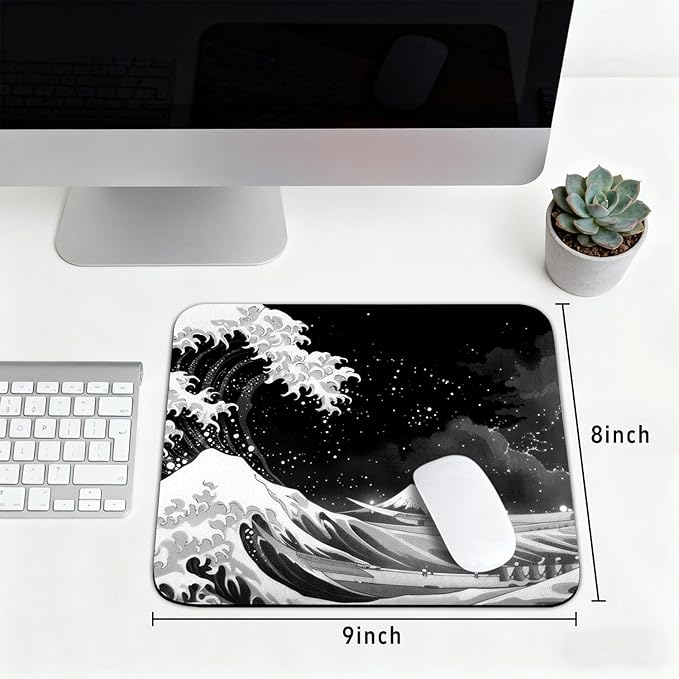 Black Wave of Kanagawa Patterns Desk Mat, Large Gaming Mouse Pad Non-Slip Rubber Base with Stitched Edges, Waterproof Protection for PC Laptop Home Office Desk Decor (8x9in)