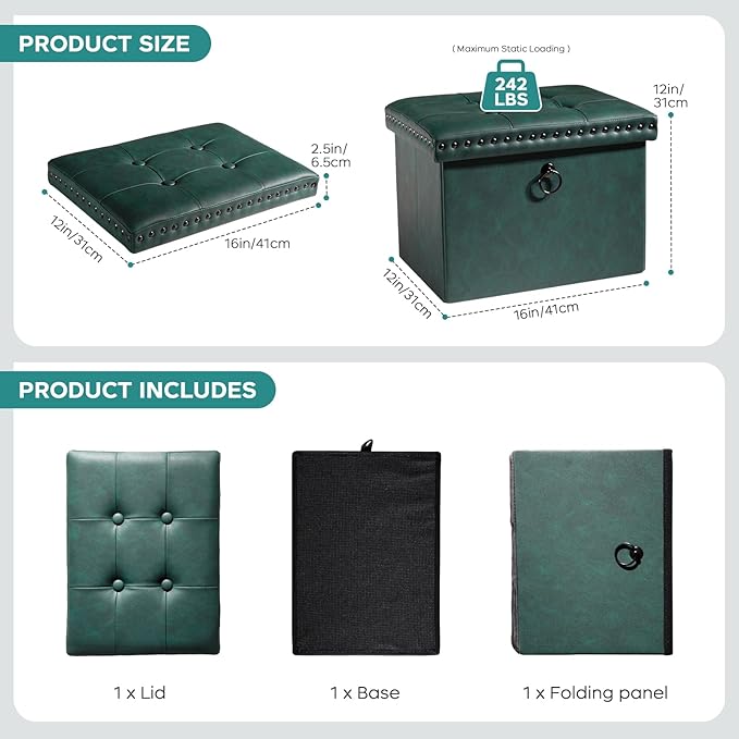 Folding Storage Ottoman, Small Faux Leather Foot Rest Stool with Rivet Design, 16 x 12 x12 Inches Ottoman with Storage Vanity Stool Coffee Table for Living Room, Bedroom, Load 242 lbs, Green