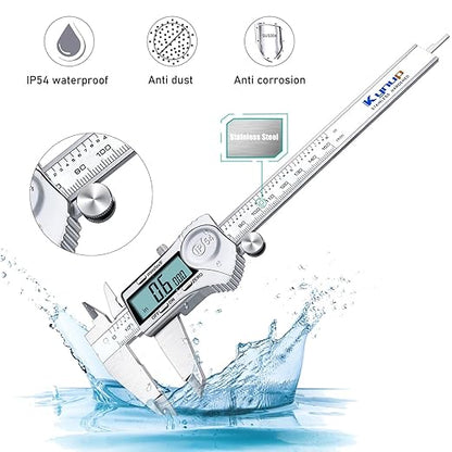 Kynup Digital Caliper, Caliper Measuring Tool Outside Micrometer, Vernier Dial Caliper Stainless Steel, IP54 Splash Proof Protection, Inch Metric Fraction Conversion, Large LCD Screen (6Inch/150mm)