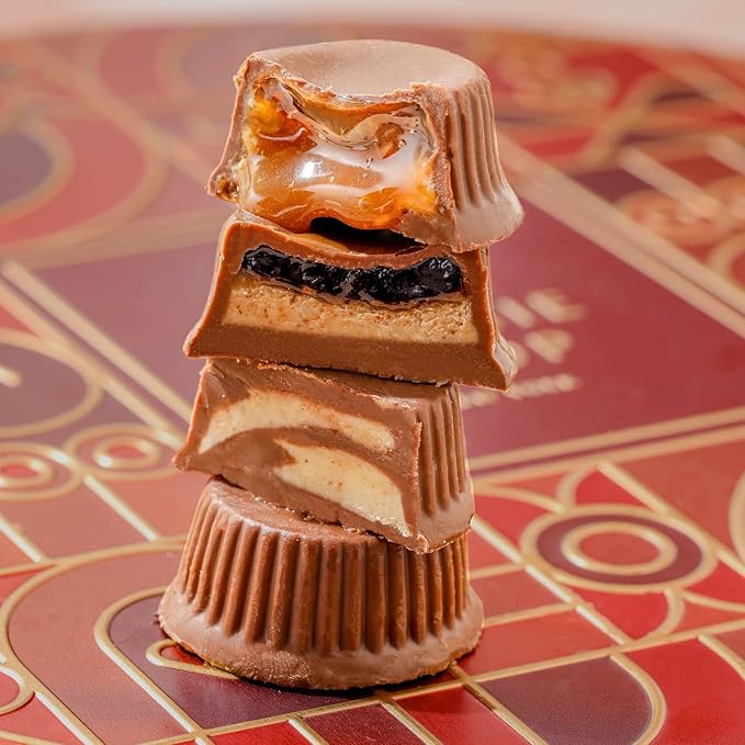 BONNIE AND POP - Holiday Snack Gift Tin, Round, Modern Pattern, Assorted Treats: Belgian Truffles, Chocolate Covered Oreos, Peanut Brittle and Candy Nuts