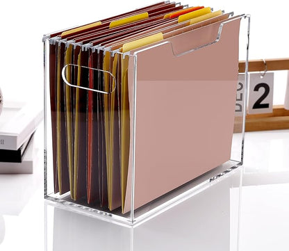 DINGHUO Acrylic File Folder Organizer Box, Letter Size Hanging File Organizer, Clear File Holder with Handles, Desktop Office Supplies Filing Storage Crate for Home Work School - 1 Pack