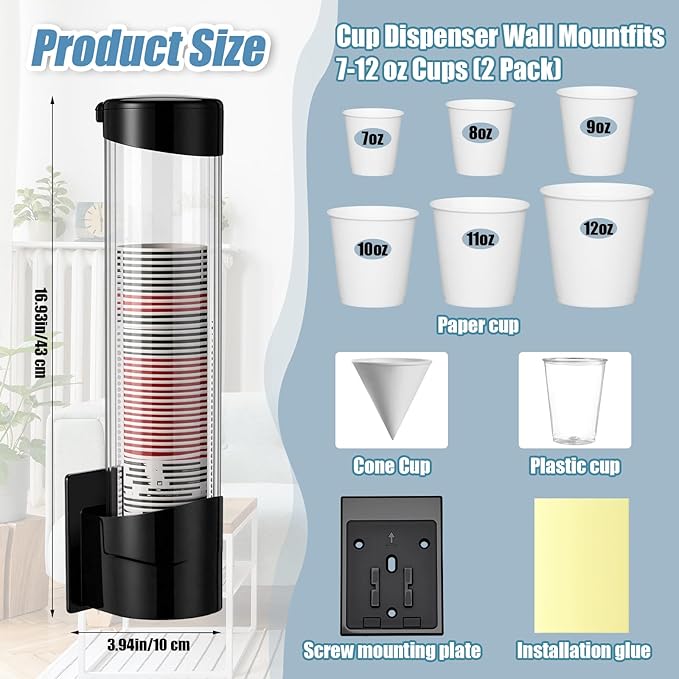 Baderke 2 Pieces Cup Dispenser Pull Type Automatic Remover Fit 7 oz to 12 oz Plastic Water Machine Cup Holder Wall Mount Bathroom Home Office Hospital (Stylish)
