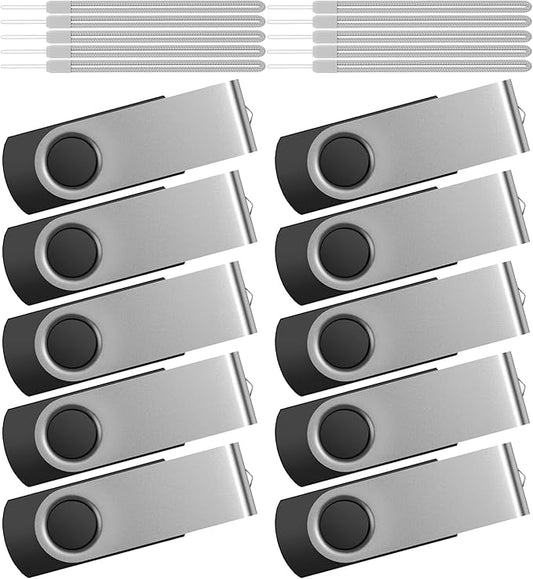 Kepmem Thumb Drive 64GB Flash Drives Bulk 10 Pack, Pen Drive 64 GB Memory Sticks USB 2.0 Metal Swivel Pen Drive, Portable Jump Zip Drives 64 Giga Value Silver Pendrives with 10pcs Ropes