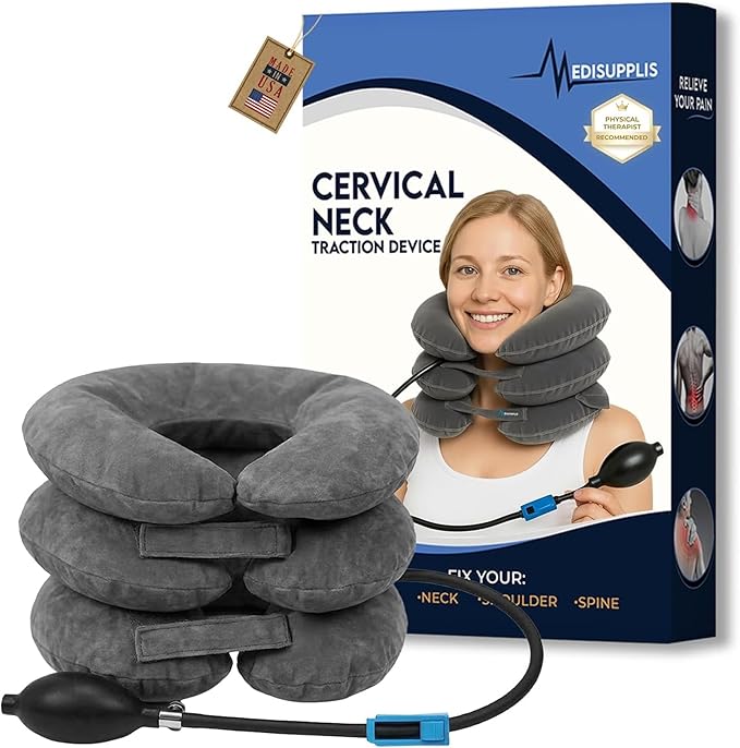 Neck Stretcher, Cervical Traction Device, Neck Traction Device for Neck Pain Relief, Adjustable Inflatable Neck Stretcher Cervical Traction and Neck Brace, Neck Decompression Home Use (Gray)