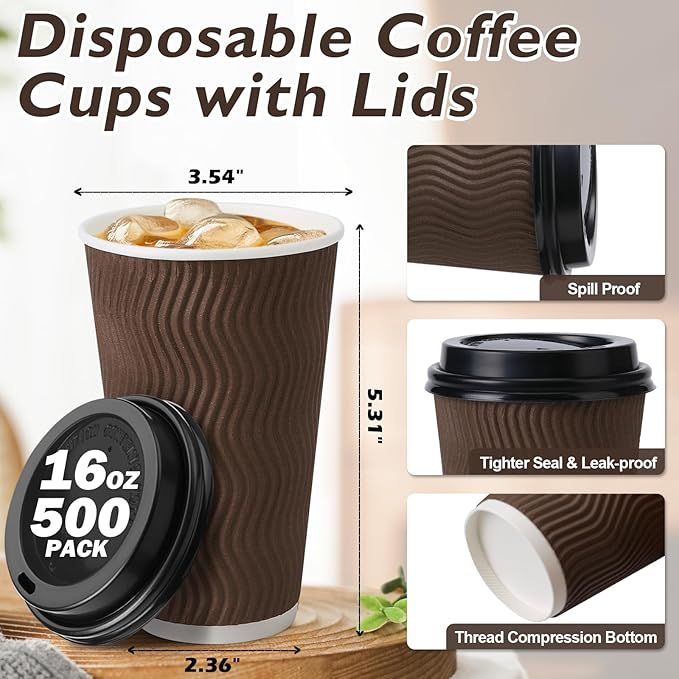 16 oz Coffee Cups with Lids 500 Pack, Disposable Coffee Cups with Lids, Insulated To Go Paper Coffee Cup for Hot Drinks