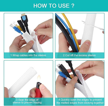 2 Pack 5ft - 1 inch White Cable Sleeve, Cable Organizer for Desk PC TV Computer, Wire Protector Cable Wrap Cover, Cord Management for Home Office