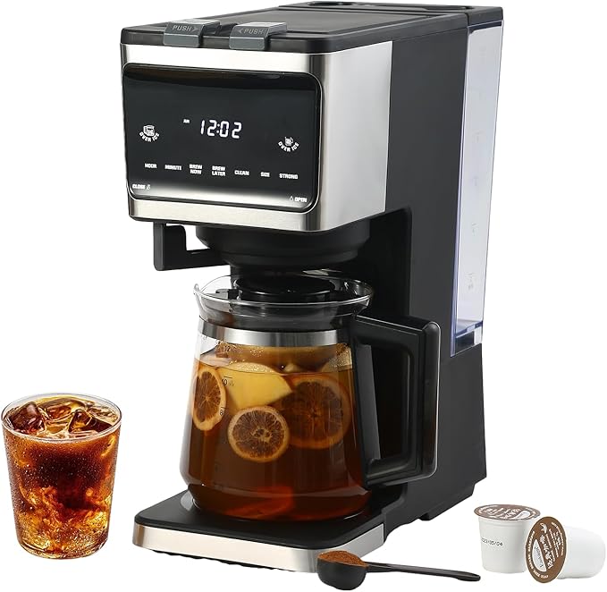 3 in 1 Single Serve Coffee Machine,With 12 Cups Removable Transparent Water Tank,Suitable For K Cup Capsule&Ground coffee&Coffee pod,Iced tea&Iced coffee maker,Black Coffee Machine