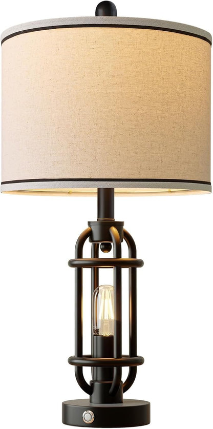 24'' Table Lamps for Living Room Bedroom Industrial Touch Lamp with USB A+C Ports, Night Light Farmhouse Vintage Nightstand Bedside Lamps for Night Stands Metal Black, Bulbs Included
