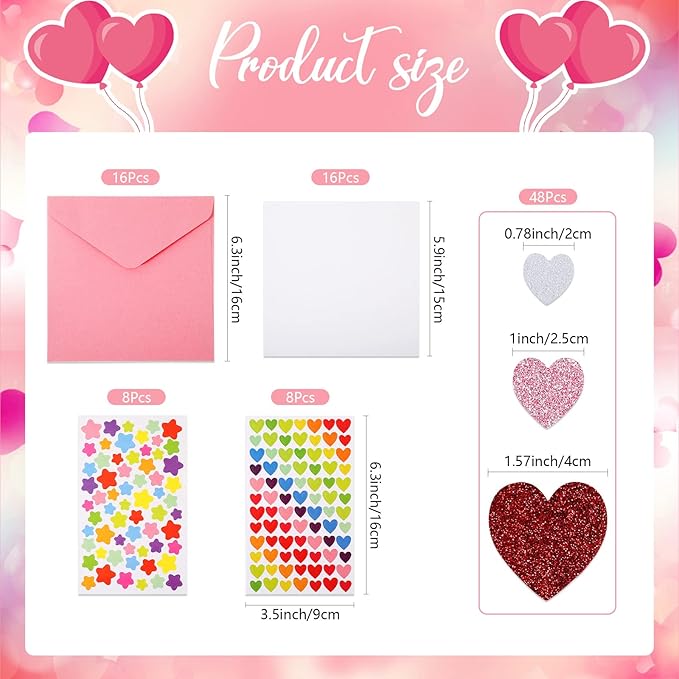 Zonon 16 Pcak Valentines Crafts DIY Card Valentines's Day Kits Foam Heart Sticker Craft DIY Kits Envelopes Cards Set for Exchange Gifts (Pink)