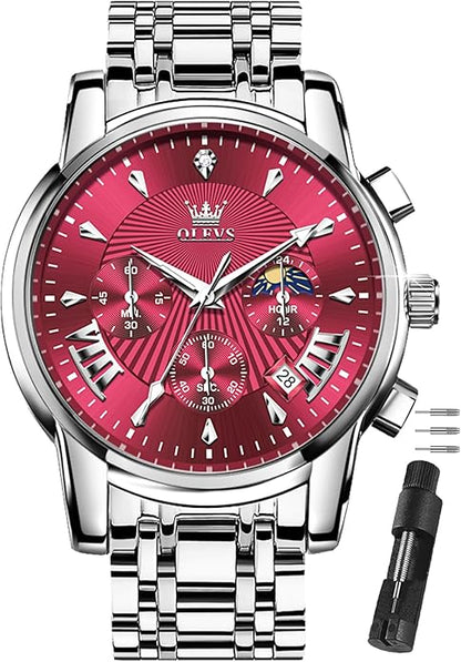 OLEVS Men Silver Watches,Men's Stainless Steel Chronograph Watch,Man Analog Quartz Big Face Male Watches Luxury Waterproof Roman Numeral Dress Diamond Relojes para Hombre