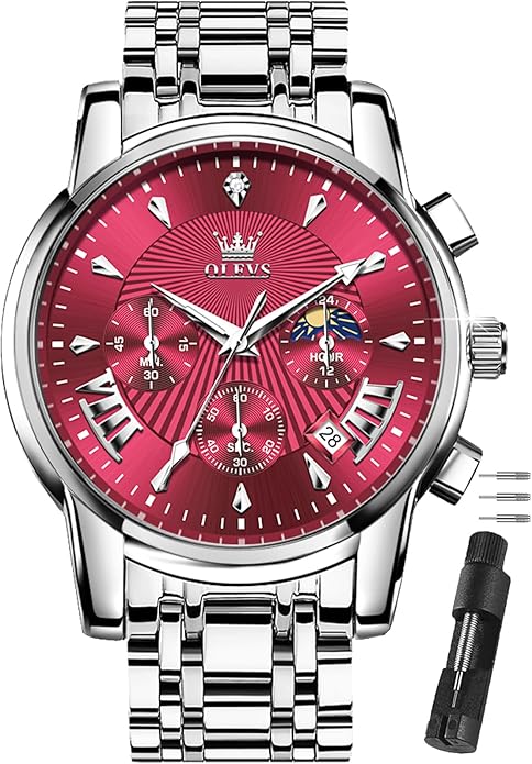 OLEVS Men Silver Watches,Men's Stainless Steel Chronograph Watch,Man Analog Quartz Big Face Male Watches Luxury Waterproof Roman Numeral Dress Diamond Relojes para Hombre