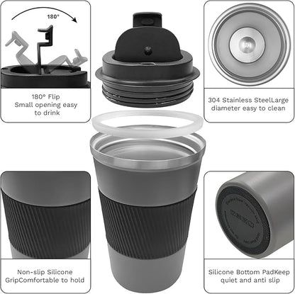 YINBAOGE Insulated Travel Coffee Mug, Spill & Leak Proof, Portable To Go Camping Stainless Steel Coffee Tumbler, Reusable Thermal Coffee Cup with Lid for Hot & Cold Drinks (Grey, 17 OZ)