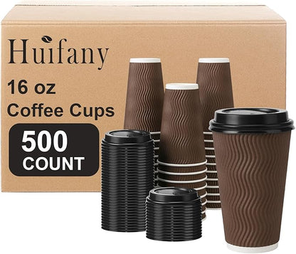 16 oz Coffee Cups with Lids 500 Pack, Disposable Coffee Cups with Lids, Insulated To Go Paper Coffee Cup for Hot Drinks