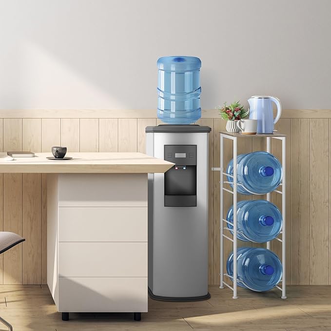 Water Bottle Storage Holder 5 Gallon Drink Dispenser Stand with Table 3-Tier Heavy Duty Water Cooler Jug Rack Water Bottle Organizer for Kitchen, Office, Living Room, Rustic Grey