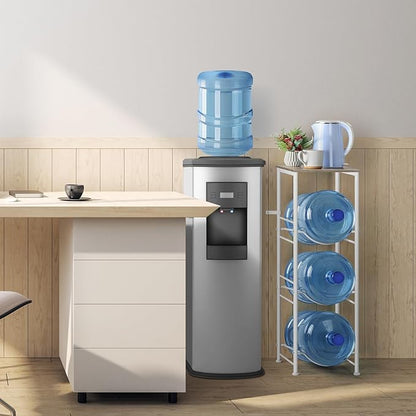 Water Bottle Storage Holder 5 Gallon Drink Dispenser Stand with Table 3-Tier Heavy Duty Water Cooler Jug Rack Water Bottle Organizer for Kitchen, Office, Living Room, Rustic Grey