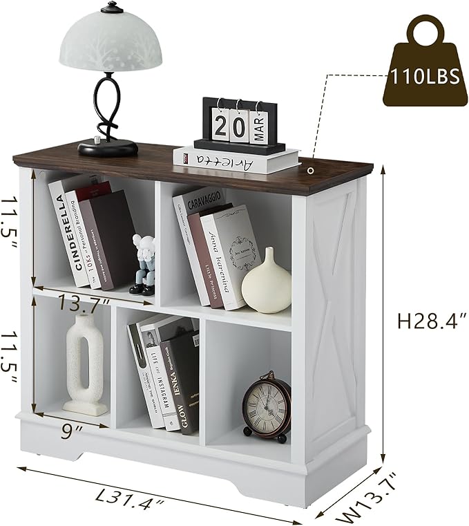 Book Shelf, 5 Cube Storage Organizer, 2-Tier Open Shelf Wooden Bookcase, Freestanding Wood Cube Storage Bookshelf for Bedroom, Living Room, Home Office (White)