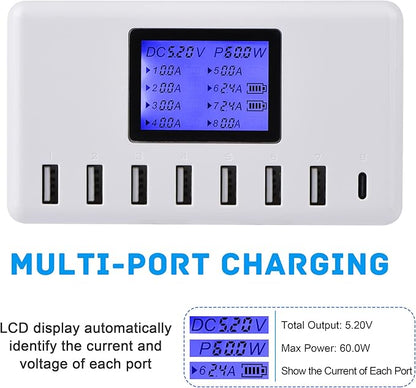 60W 12A 8-Port USB Charging Station - Multi Port USB Hub Charger with LCD Display - Compatible with iPhone, iPad, Samsung, Kindle, Tablet, Bluetooth Earbuds and More