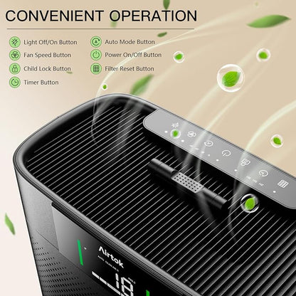AIRTOK Air Purifiers for Home Large Room Up to 1300 Ft², with Air Quality Monitor PM2.5、HEPA Sleep Mode、Aromatherapy for Allergies, Pet Hair, Pollen in Bedroom, AP2301, Black