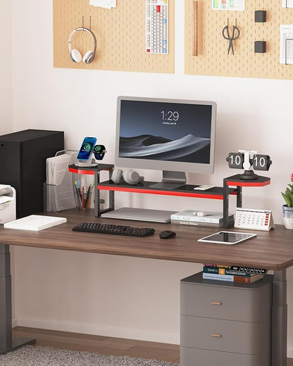 Monitor Stand for Desk,Wood and Steel Monitor Stand Riser with Side Storage shelf,Height Adjustable Computer Monitor Stand,Long Desk Shelf Organizer for Computer/Laptop/PC/Printer, Black+Red
