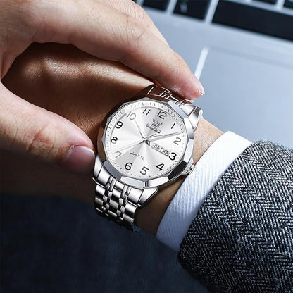 Men's Casual Stainless Steel Watch, Big Face Easy to Read Analog Quartz Watch with Day and Date, Classic Waterproof Diamond Roman Arabic Numerals Dial Dress Watch for Men, Gold Silver Black Band