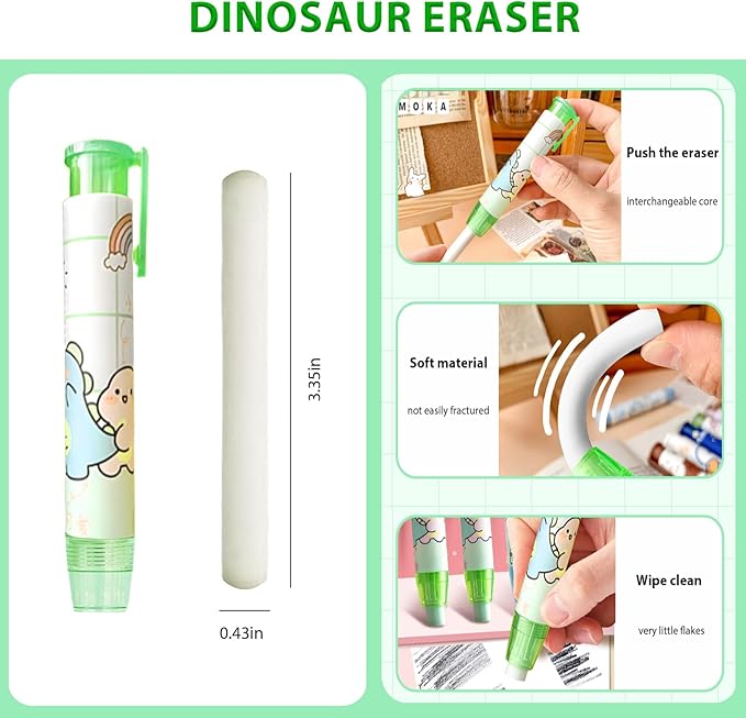 Cute Green Dinosaur Mechanical Pencil Set Include 8Pcs Kawaii Mechanical Pencils,2 Tubes Mechanical Pencil Lead Refills,2Pcs Dinosaur Erasers,for Office School Supplies