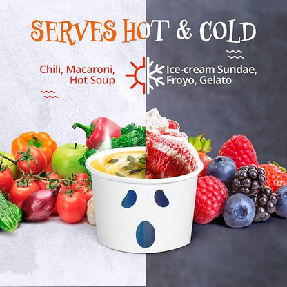 Paper Ice Cream Cups, 50-Count 9-Oz Disposable Dessert Bowls for Hot or Cold Food, 9-Ounce Halloween Party Supplies Treat Cups, Ghost Face