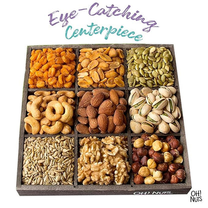 Oh! Nuts 9 Variety Nuts Gift Basket - Healthy Gift Baskets - Gourmet Assorted Nuts Tray - Gift Box for Holiday, Movie Night, Corporate, Families - Gift Ideas for Men and Women