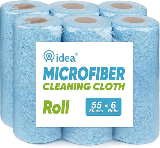 AIDEA Microfiber Cleaning Cloth, Shop Towels 330 Sheets 6 Roll, Microfiber Towels for Cars, Blue Shop Rags Washable, Cleaning Rags Reusable Paper Towels for Automotive, Workshops, House,11×9"