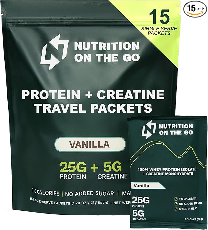 Nutrition On The Go Whey Protein Isolate Packets with Creatine – 25g Protein + 5g Creatine – Single-Serve Travel Protein Powder – Vanilla (15-Pack)