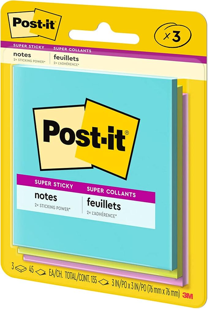 Post-it Super Sticky Notes, 3x3 in, 3 Pads, 2X The Sticking Power, Supernova Neons, Bright Colors, Recyclable (3321-SSMIA)
