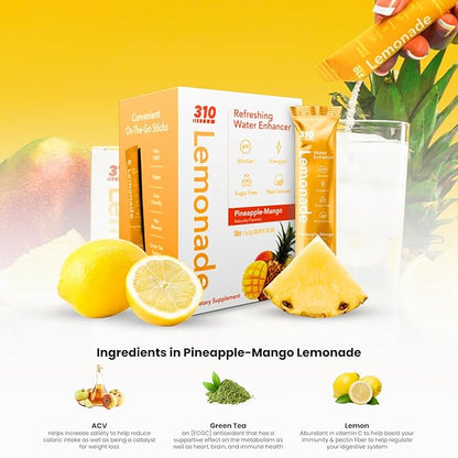 310 Nutrition Sugar-Free Lemonade Water Flavoring Packets - Peach Mango Hydration Powder with Alkalizing Minerals - Low-Calorie Water Enhancer for Energy & Refreshment - 30 Singles - Made in The USA