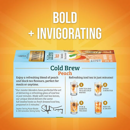 Twinings Peach Cold Brew Iced Tea Bags, 20 Count (Pack of 6), Unsweetened Flavoured Black Tea, Caffeinated, 120 Teabags
