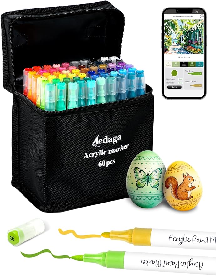YHC 60 Colors Acrylic Paint Pens with Free App, Dual Tip Acrylic Paint Markers with Brush Tip and Fine Tip for Adults, Kids, Eggs, Wood, Rock, Canvas, Plastic, Stone, Glass, Ceramic