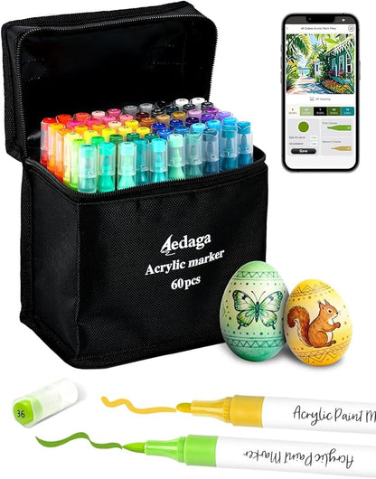 YHC 60 Colors Acrylic Paint Pens with Free App, Dual Tip Acrylic Paint Markers with Brush Tip and Fine Tip for Adults, Kids, Eggs, Wood, Rock, Canvas, Plastic, Stone, Glass, Ceramic