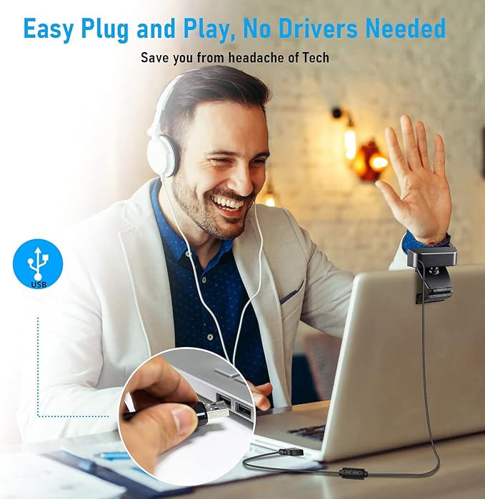 Webcam with Microphone & Privacy Cover, 1080P HD Web Computer Camera, USB Plug and Play Laptop PC Desktop Camera, Works with Zoom, Skype, Teams, Video Conferencing/Recording/Streaming