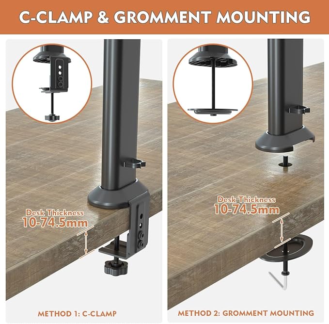 HEMUDU Single Tall Desk Monitor Arm Mount Stand Fit for 27 inch to 42 inch Flat Curved Computer Screen with Swivel, Height Adjustable, Rotation,Holds up to 77lbs, Black