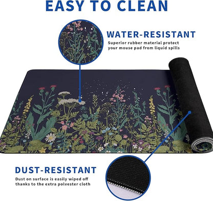 Wildflower Mouse Pad Abstract Black Mouse Pad 31.5x11.8 Inch Flower Texture Non-Slip Rubber Base Large Mousepad Stitched Edges Keyboard Mouse Mat Desk Pad for Office and Home