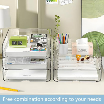 4-Tier Paper Organizer for Desk, Stackable Desk Organizer Paper Tray, Ideal for Office Supplies, A4 Storage (Clear, 4-Tier)